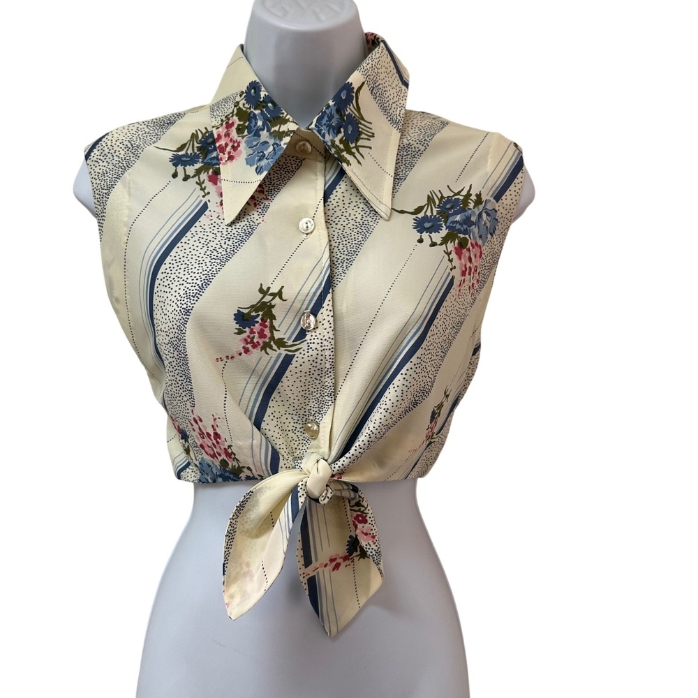 Vintage 70s Murrs of California Dagger Collar Crop Top Floral Tie Front L - Picture 2 of 9